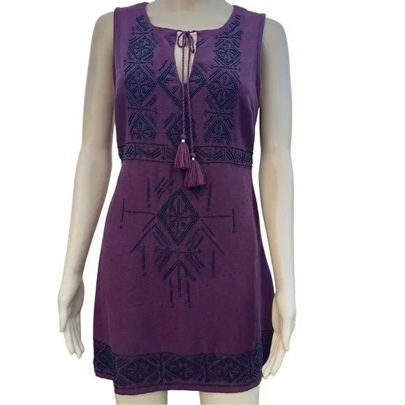 Abercrombie & Fitch Dress Women's Small Maroon Beaded Aztec Sleeveless Tie Neck - Picture 3 of 16